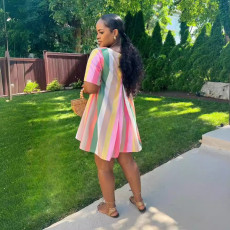 Colorful Striped Patchwork Short Sleeve Mini Dress NY-10833