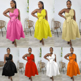Solid Color One Shoulder Petal Hollow Out Maxi Dress NY-10836