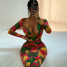 Sexy See-Through Printed Halter Tie Up Tops Dress XEF-50842