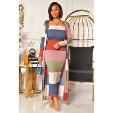 Print Color Block Long Dress+Long Coat 2 Piece Set LS-5033