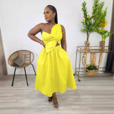 Solid Color One Shoulder Petal Hollow Out Maxi Dress NY-10836