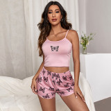 Suspender Shorts Butterfly Print Loungewear Set GLSY-X0006