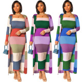 Print Color Block Long Dress+Long Coat 2 Piece Set LS-5033