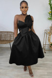 Solid Color One Shoulder Petal Hollow Out Maxi Dress NY-10836
