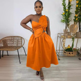 Solid Color One Shoulder Petal Hollow Out Maxi Dress NY-10836
