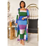 Print Color Block Long Dress+Long Coat 2 Piece Set LS-5033