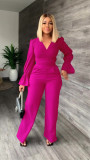 Solid Color Flare Sleeve Tie Up Two Piece Pants Set LS-5109