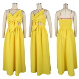 Solid Color One Shoulder Petal Hollow Out Maxi Dress NY-10836