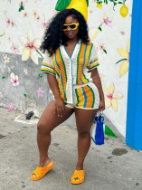 Sexy Hollow Out Lapel Knit Shorts Set ZSD-0335