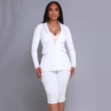 Long Sleeve Blazer Solid Two Piece Shorts Set SFY-499