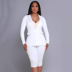 Long Sleeve Blazer Solid Two Piece Shorts Set SFY-499