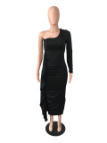 Solid Slingle Shoulder Long Sleeve Midi Dress LS-5082