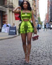 Metallic Wrap Chest Tassel Back Shorts Fashion Set ZSD-0698
