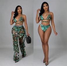 Print Tie Up Bikinis+Pants Three Piece Swimsuit LSL-0007
