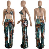 Print Tie Up Bikinis+Pants Three Piece Swimsuit LSL-0007