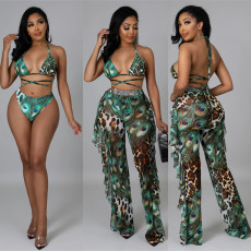 Print Tie Up Bikinis+Pants Three Piece Swimsuit LSL-0007