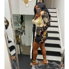 Plus Size Printed Single Breasted Long Sleeve Shirt + Shorts Set LS-5059
