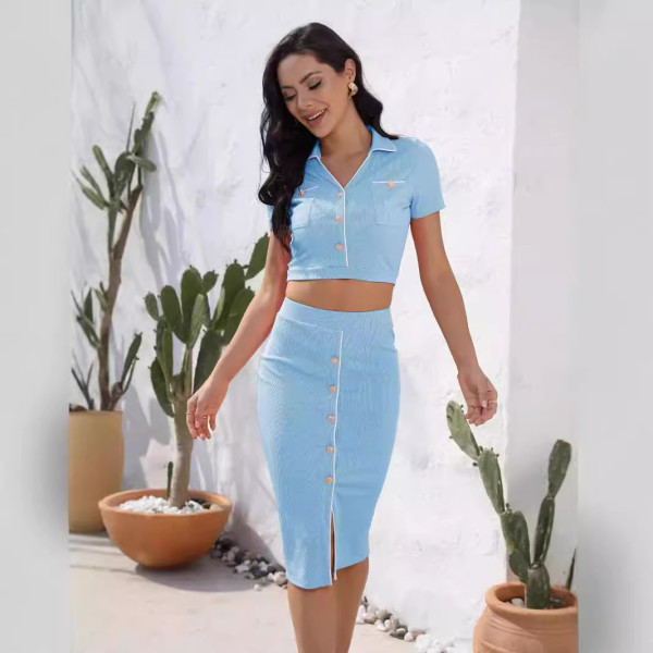 Lapel Short Sleeve Half Skirt Metal Button Two Piece Set ME-8300