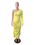 Solid Slingle Shoulder Long Sleeve Midi Dress LS-5082