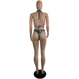 Print Tie Up Bikinis+Pants Three Piece Swimsuit LSL-0007