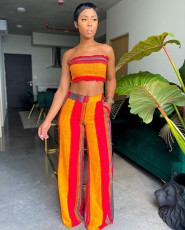 Wrap Chest Stripe Print Two-piece Pants Set LS-5075