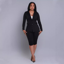 Long Sleeve Blazer Solid Two Piece Shorts Set SFY-499