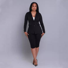 Long Sleeve Blazer Solid Two Piece Shorts Set SFY-499