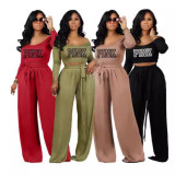 PINK Letter Print Knits Tie Up Two Piece Pants Set YIM-MY312