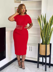 Solid Color Studded Diamond Split Midi Dress BGN-352