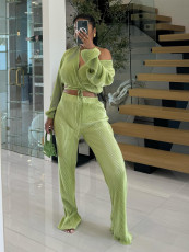 Casual Pleated Solid Color Loose Wide Leg Pants Set CH-24048