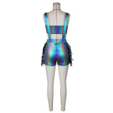 Metallic Wrap Chest Tassel Back Shorts Fashion Set ZSD-0698