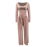 PINK Letter Print Knits Tie Up Two Piece Pants Set YIM-MY312