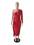 Solid Slingle Shoulder Long Sleeve Midi Dress LS-5082