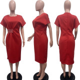 Solid Color Studded Diamond Split Midi Dress BGN-352