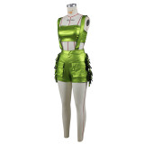 Metallic Wrap Chest Tassel Back Shorts Fashion Set ZSD-0698
