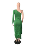 Solid Slingle Shoulder Long Sleeve Midi Dress LS-5082