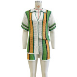 Sexy Hollow Out Lapel Knit Shorts Set ZSD-0335