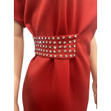 Solid Color Studded Diamond Split Midi Dress BGN-352
