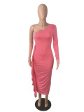 Solid Slingle Shoulder Long Sleeve Midi Dress LS-5082
