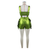 Metallic Wrap Chest Tassel Back Shorts Fashion Set ZSD-0698