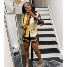 Plus Size Printed Single Breasted Long Sleeve Shirt + Shorts Set LS-5059