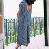 Plus Size Stripe Print Sleeveless Loose Denim Maxi Dress GDAM-218527