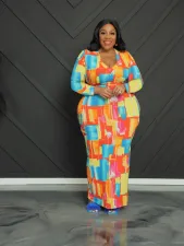 Plus Size Print V Neck Maxi Dress GAWE-6290