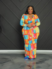 Plus Size Print V Neck Maxi Dress GAWE-6290