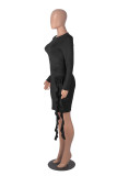 Solid Color Long Sleeve Spliced Rose Flutter Mini Dress GXYF-H0388