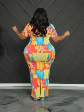 Plus Size Print V Neck Maxi Dress GAWE-6290
