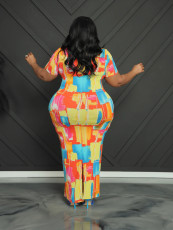 Plus Size Print V Neck Maxi Dress GAWE-6290
