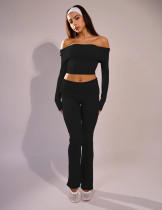One Shoulder Top Low Rise Flared Pants Solid Color Pant Set GXYF-H0402