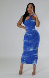 Tie Dye Print Halter Slim Maxi Dress XHXF-423