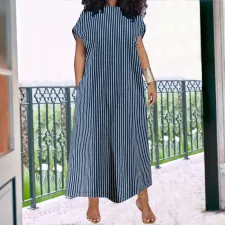 Plus Size Stripe Print Sleeveless Loose Denim Maxi Dress GDAM-218527
